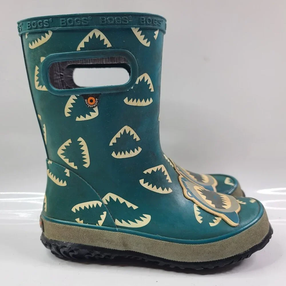 Bogs‎ Girl's Green Animal Shark Rubber Handle Mid-Calf Rain Boots Size 12
